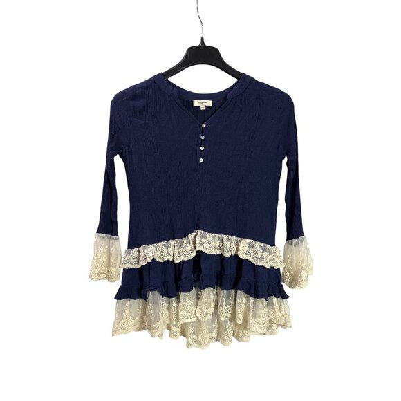 Hayden Los Angeles Gauzy Navy Blue Tunic Top Lace Ruffle Hem Sleeves S Rayon - Picture 1 of 7